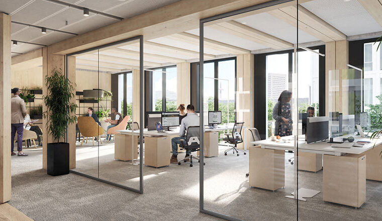 Flexible Trennwände können problemlos hinzugefügt oder entfernt werden Personen arbeiten in einem hellen, modernen Büro